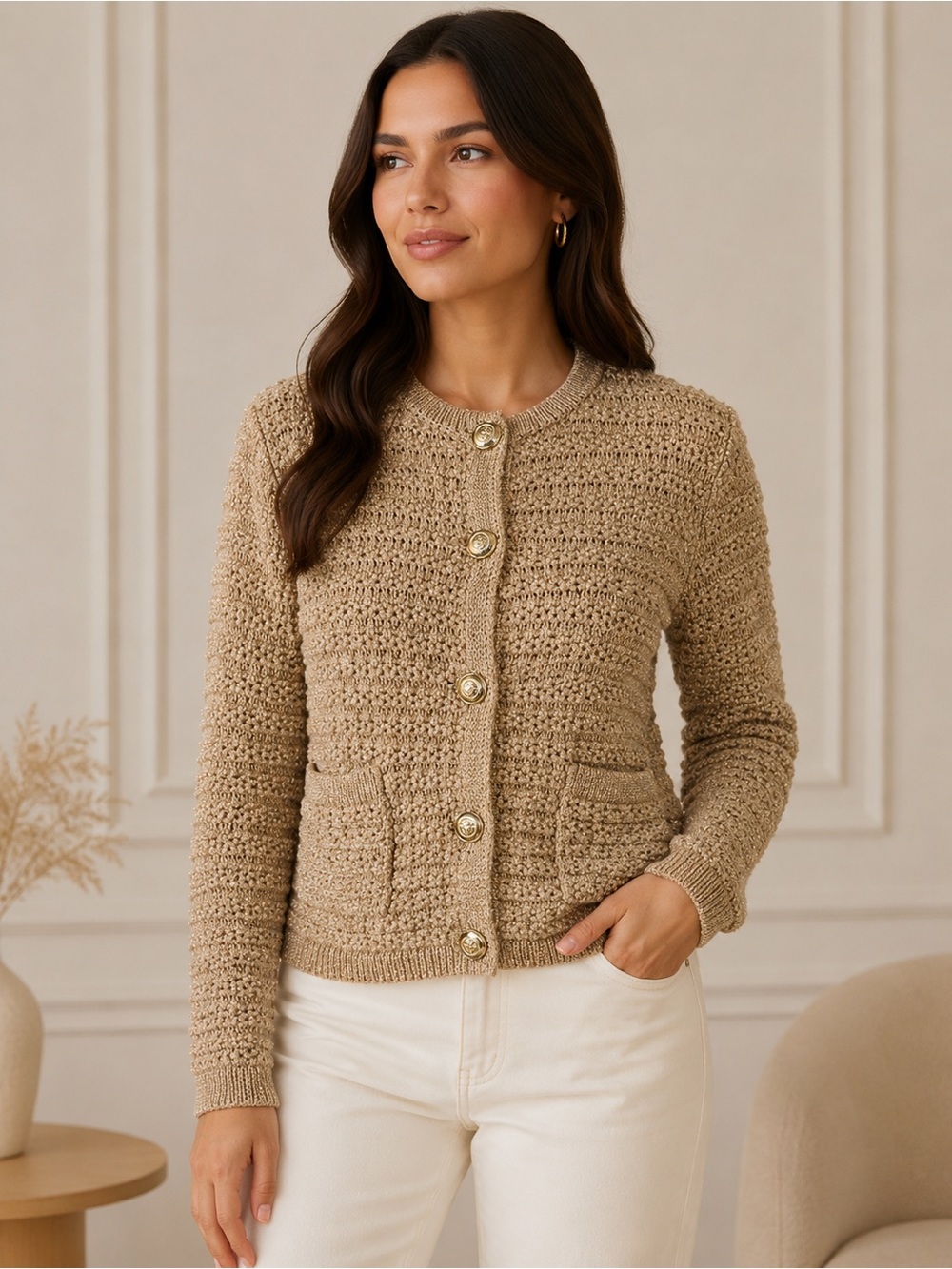 ba&sh Lady Cardigan Small Gold Metallic Knit Button Size 1 US 4